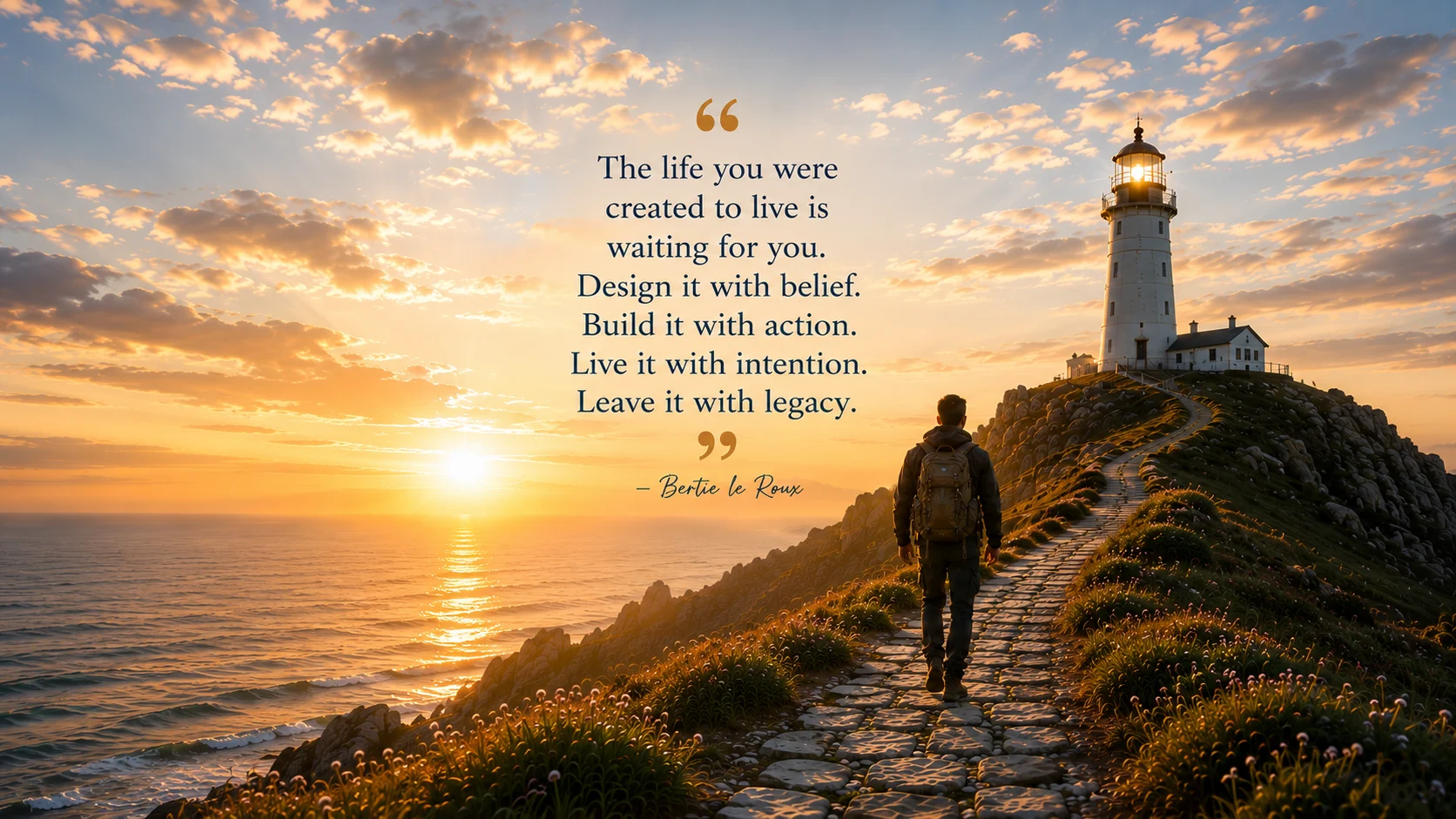 A person walking up a lighthouse path at sunrise beside Bertie le Roux’s reflection: The life you were created to live is waiting for you. Design it with belief. Build it with action. Live it with intention. Leave it with legacy.